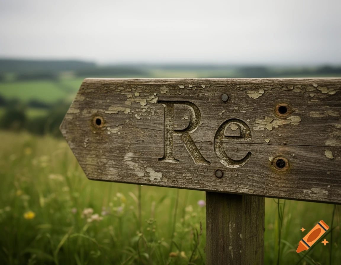 A weathered wooden arrow sign with "Re" carved into it, set in a grassy field under a cloudy sky.