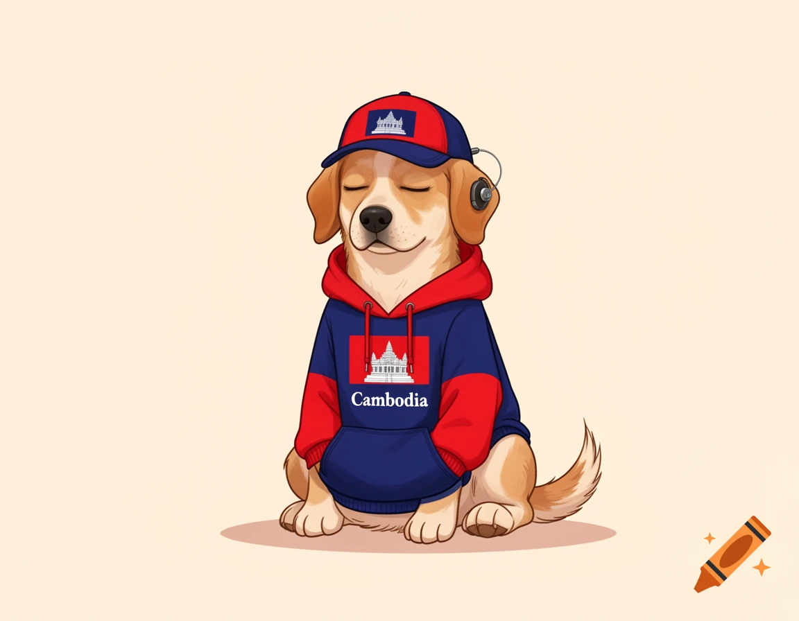A stylized illustration of a calm dog wearing a red and blue Cambodian flag hoodie and cap with 'Cambodia' text.