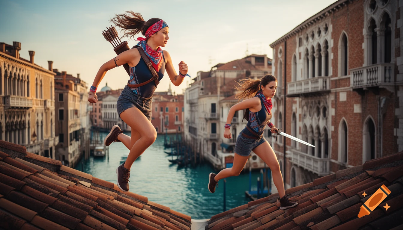Photorealistic image of two women in Assassin's Creed-inspired summer attire running on Venetian rooftops, one with a quiver, the other with a dagger.