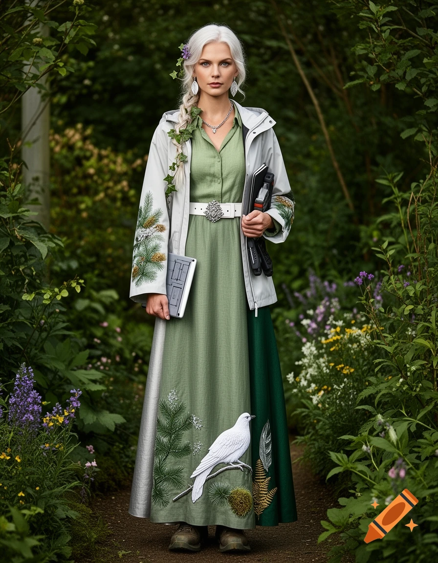 A white-haired woman in a green dress with nature embroidery and a grey jacket stands in a lush garden, holding a tablet.