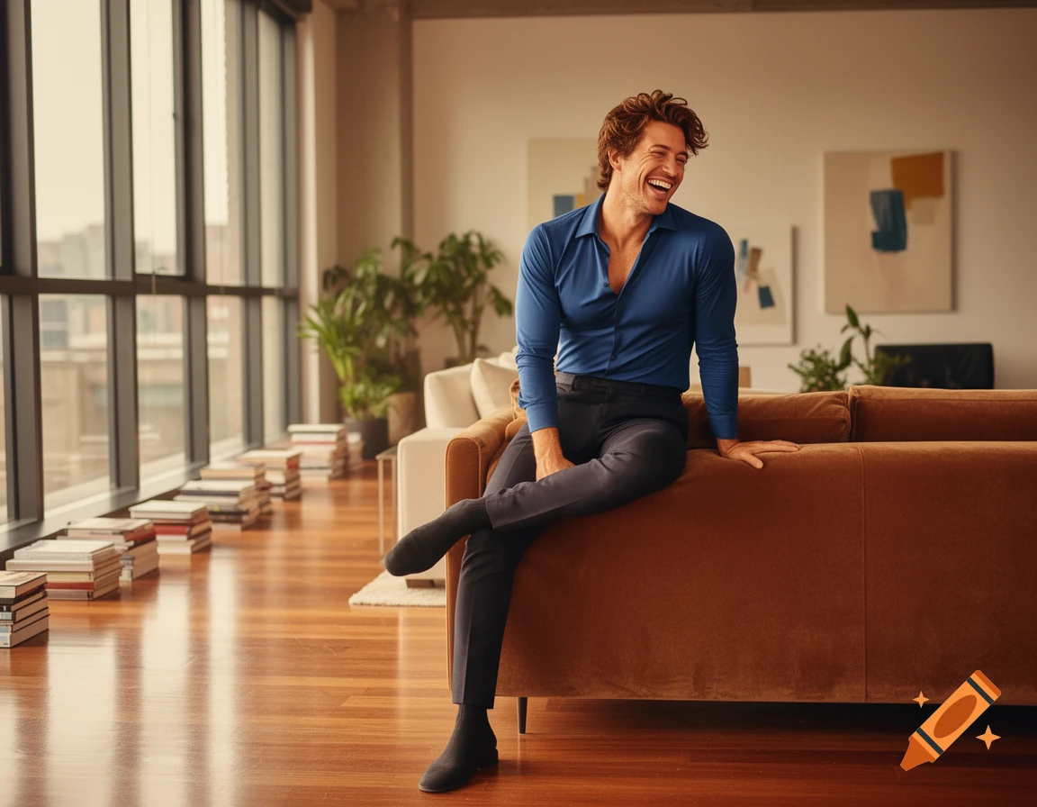 A happy man in a blue shirt and dark pants sitting on a brown couch in a modern apartment, laughing.
