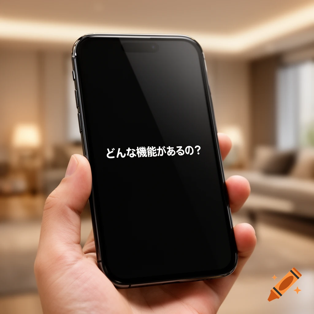 Hand holding a smartphone displaying the Japanese text 'どんな機能があるの?' on a black screen, with a blurred room background.
