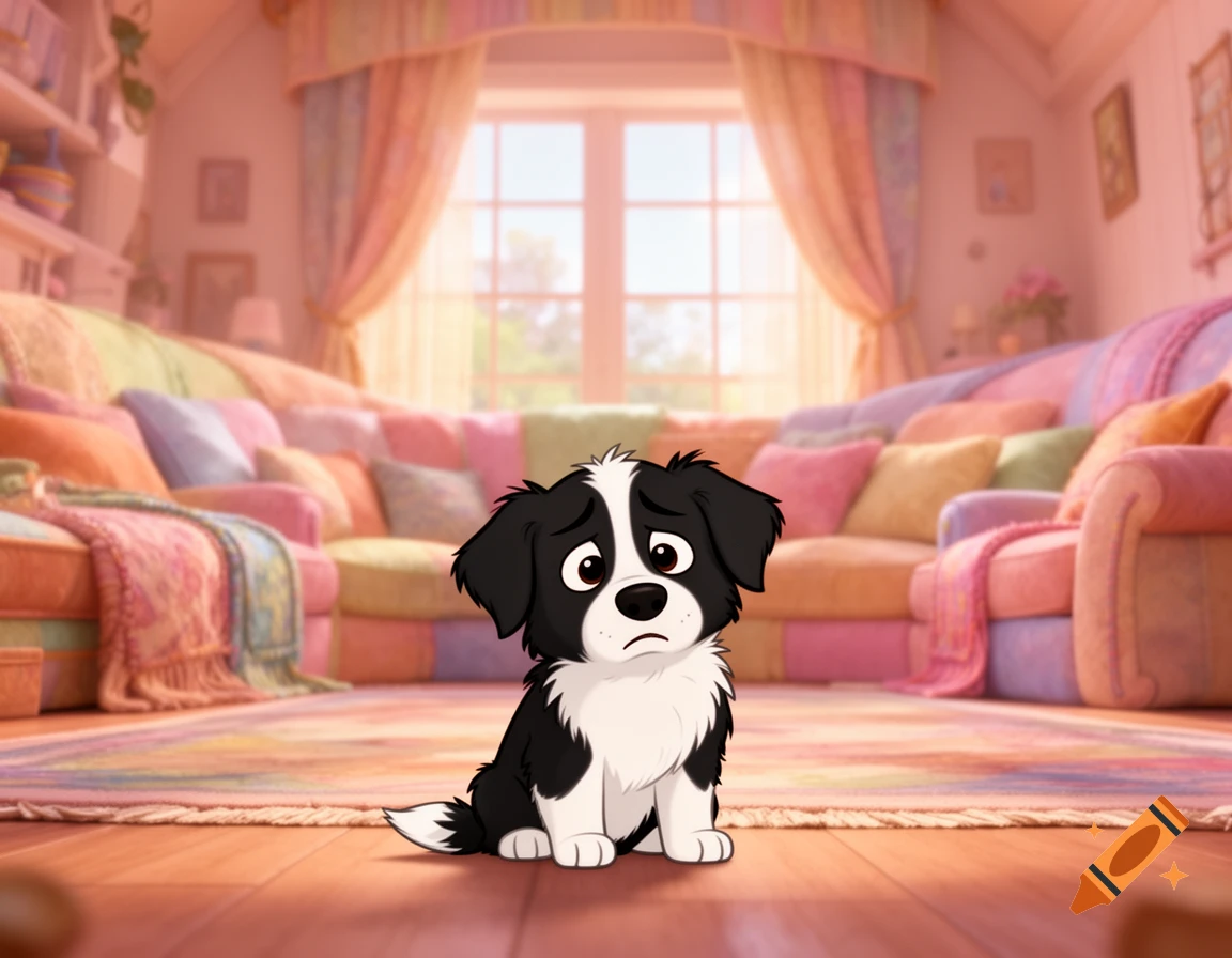 A cute 2D cartoon black and white Border Collie puppy looks scared in a cozy, colorful living room in Disney Pixar style.