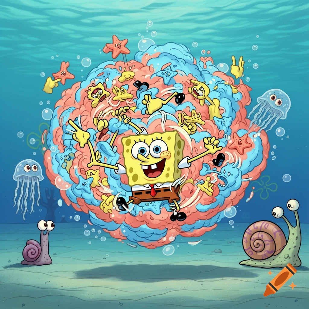 SpongeBob SquarePants with a wide smile, surrounded by a chaotic, swirling cloud of red and blue, filled with small, distorted cartoon figures and starfish. Two snails and two jellyfish observe in the underwater scene, depicted in a vibrant cartoon style.