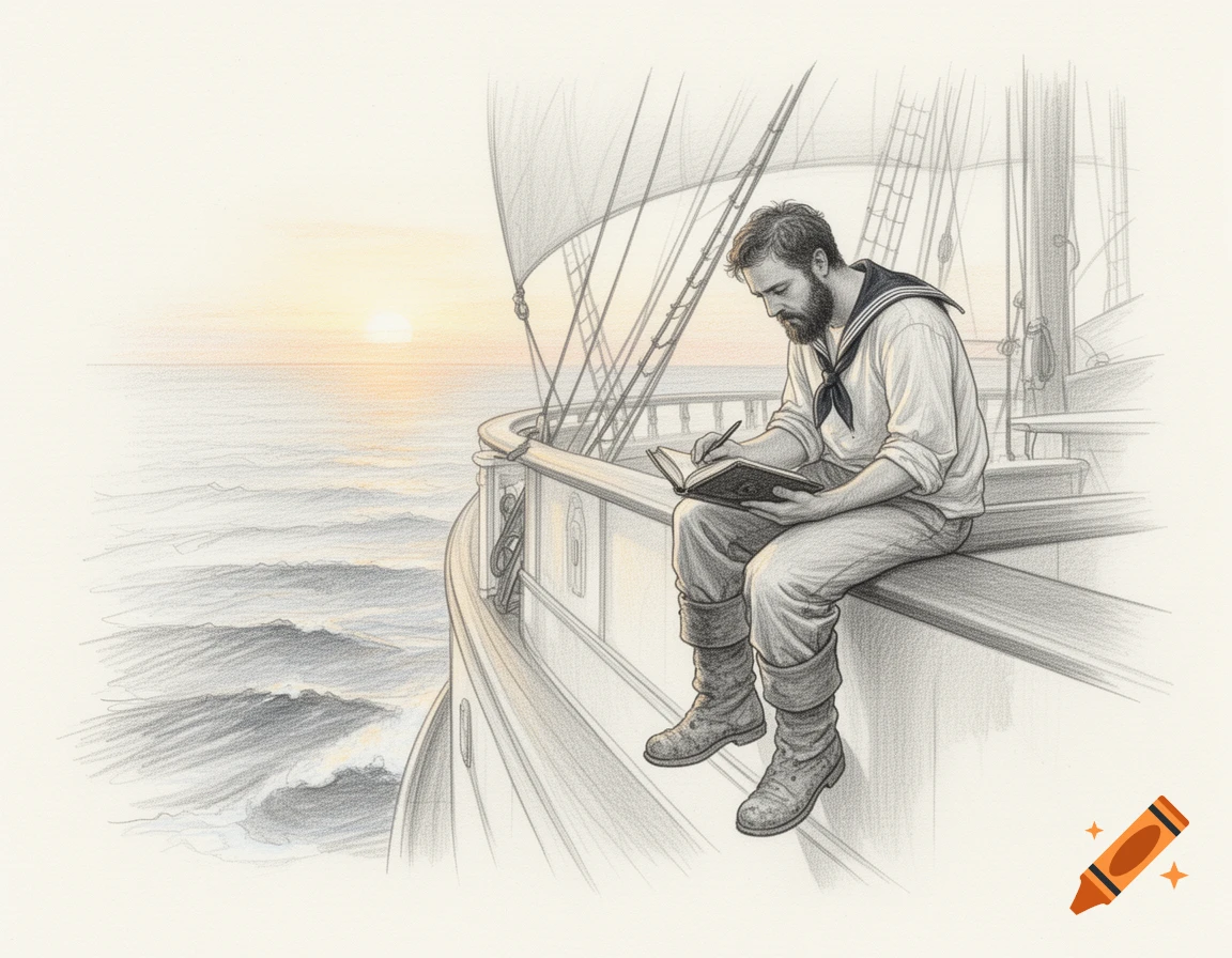 A pencil sketch shows a bearded sailor writing in a journal on a ship's deck at sunset.