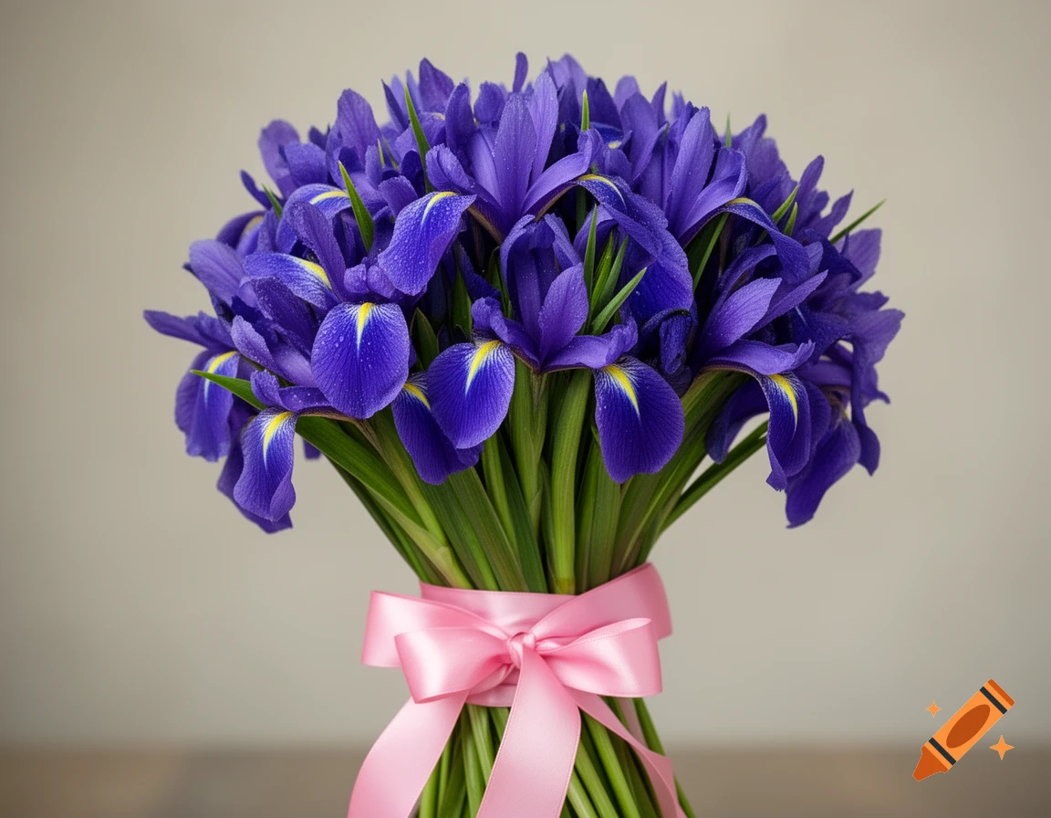 A vibrant bouquet of deep purple iris flowers with yellow accents, tied with a bright pink ribbon, against a neutral background.