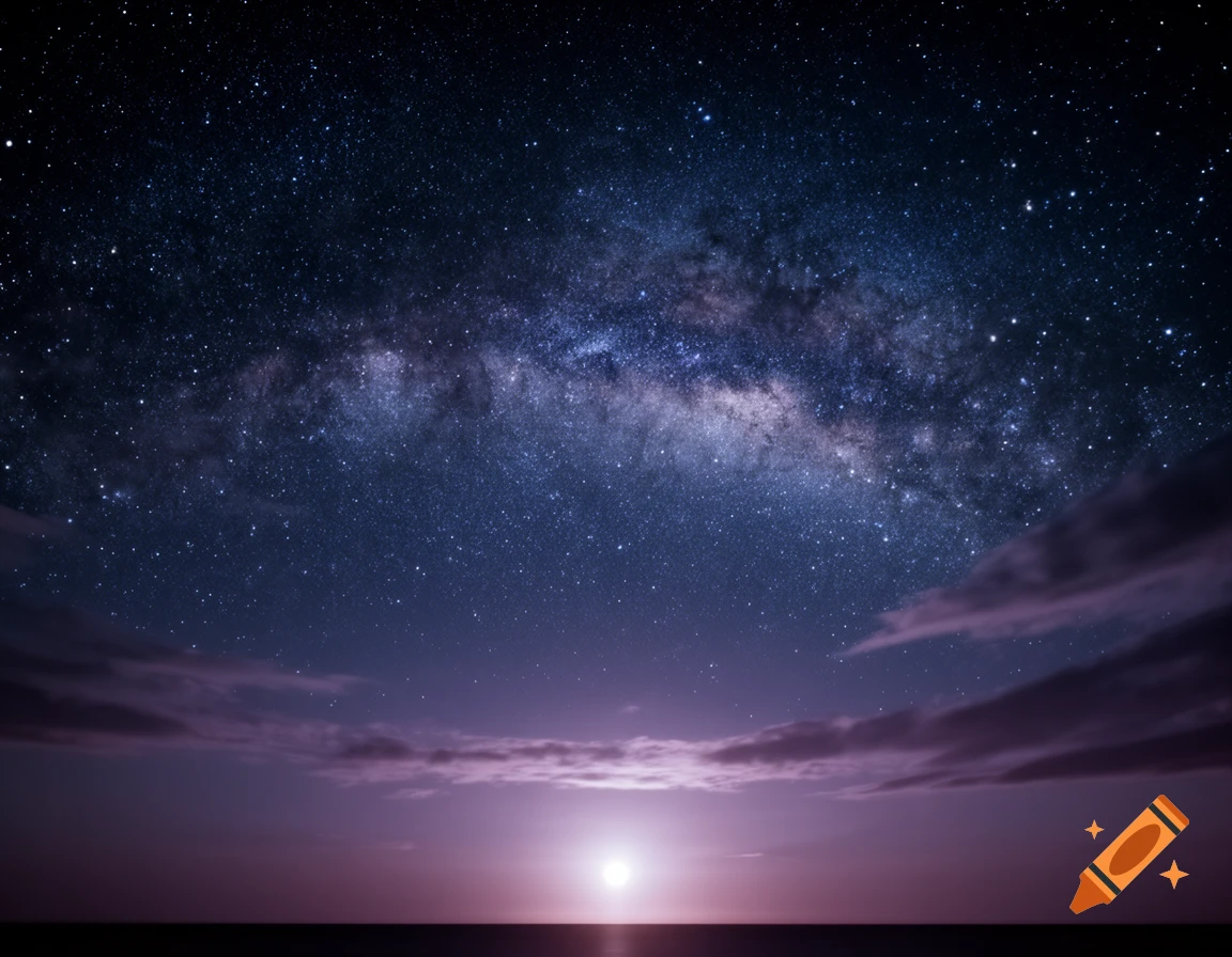 A dramatic night sky with a band of stars forming the Milky Way, above a glowing horizon and dark clouds.