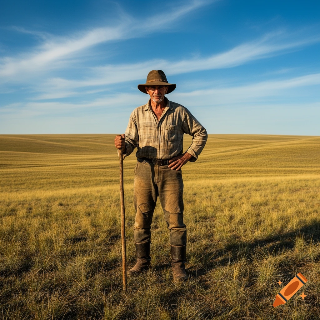 An older man in a hat and work clothes stands in a vast golden field, holding a wooden staff under a blue sky.