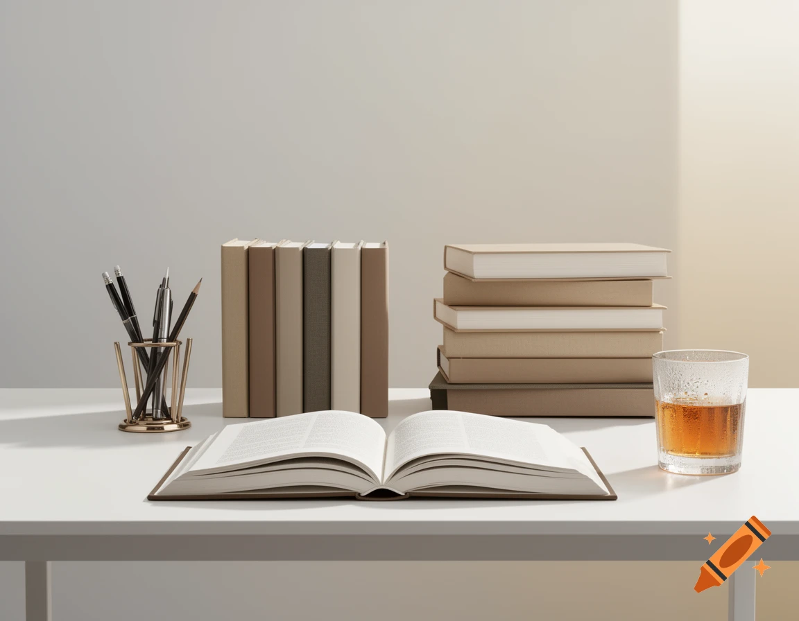 A minimalist study scene with an open book, stacked books, pens in a holder, and a glass of amber liquid on a white desk.