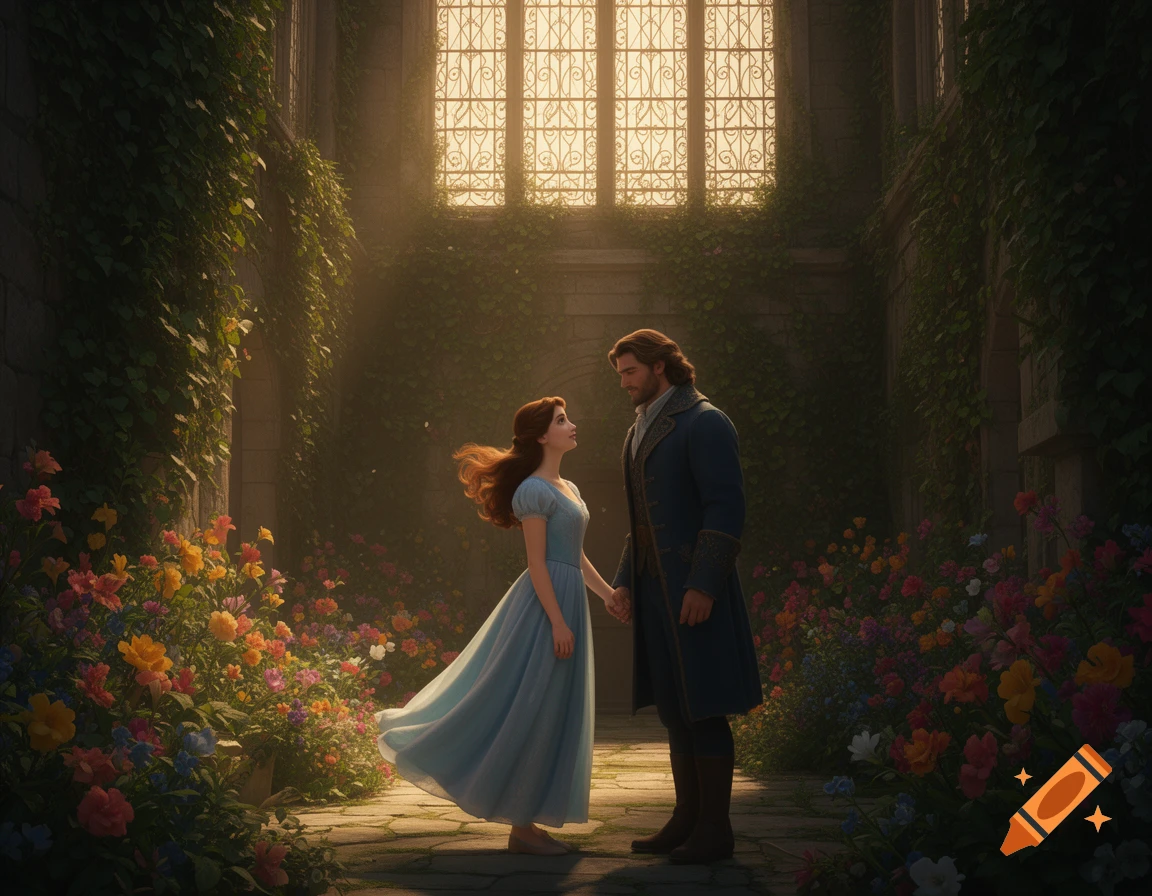 A man and woman in period clothing hold hands in a flower-filled courtyard with ivy-covered walls and a grand window.