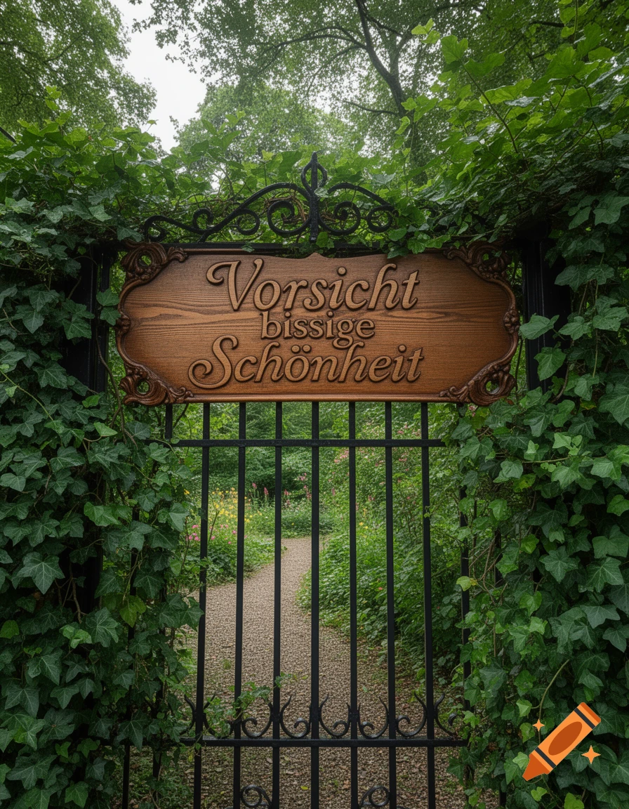 A rustic wooden sign reading "Vorsicht bissige Schönheit" on a black metal gate covered in ivy, leading to a lush garden path.