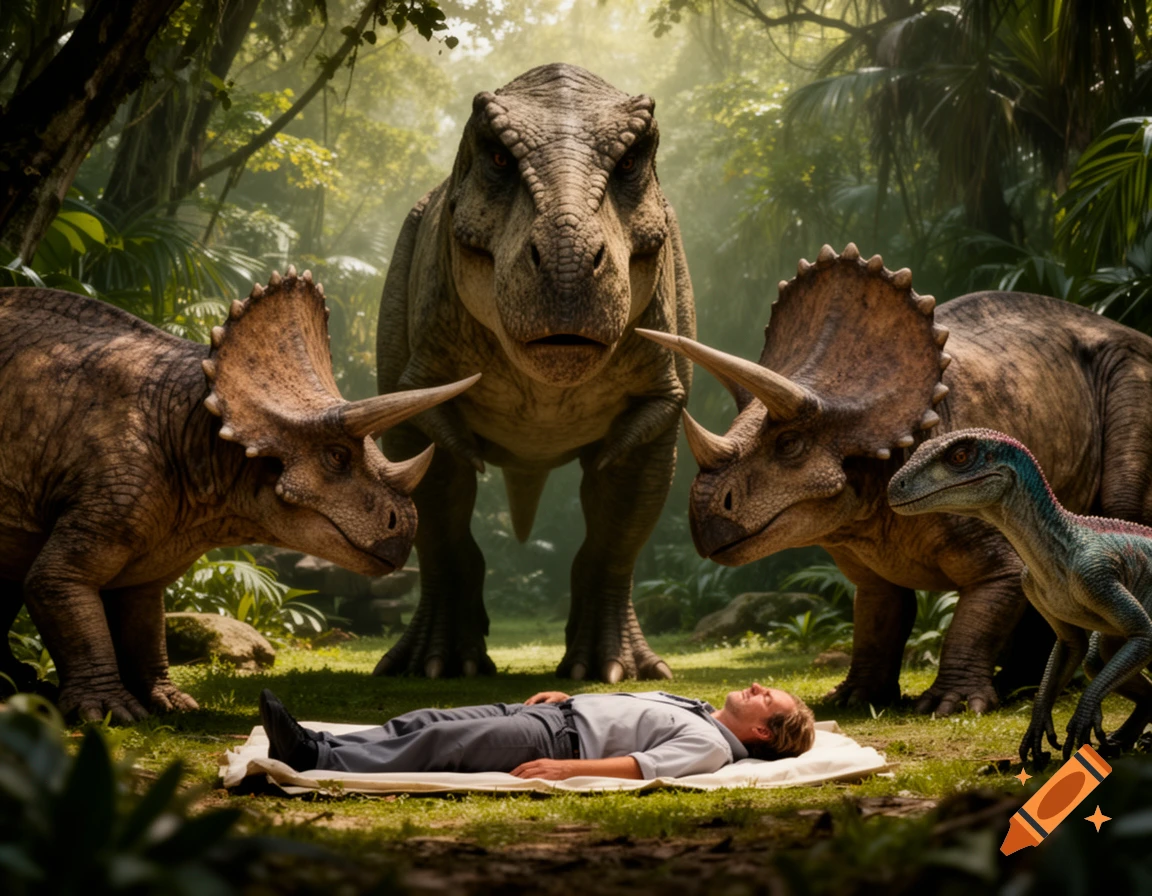 A man lies on a blanket in a lush jungle, surrounded by a T-Rex, two Triceratops, and a raptor.