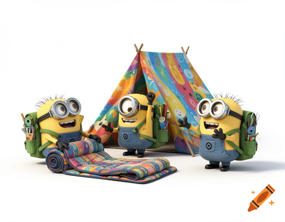 Three Minions with backpacks set up a colorful camping tent, with one unrolling a patterned sleeping mat on a white background.