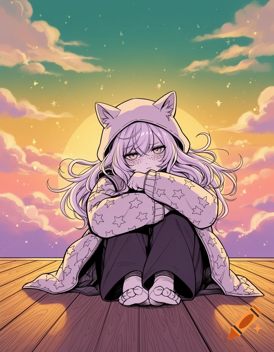 Anime illustration of a character with lavender hair, cat-ear hood, and star-patterned jacket, sitting on a wooden floor at sunset.