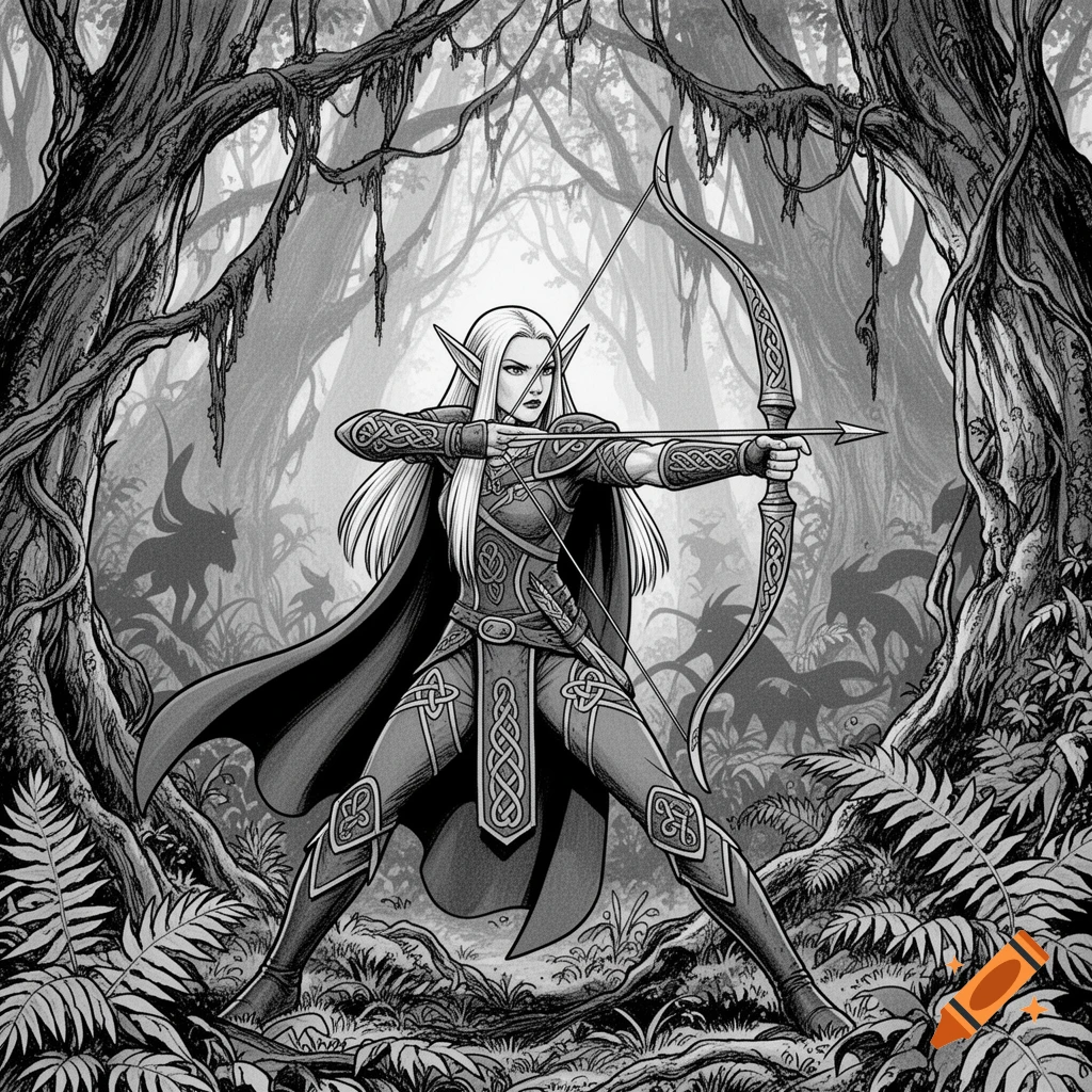 A black and white illustration in the style of 1980s monster manuals shows an elf ranger drawing a bow in a dense forest.
