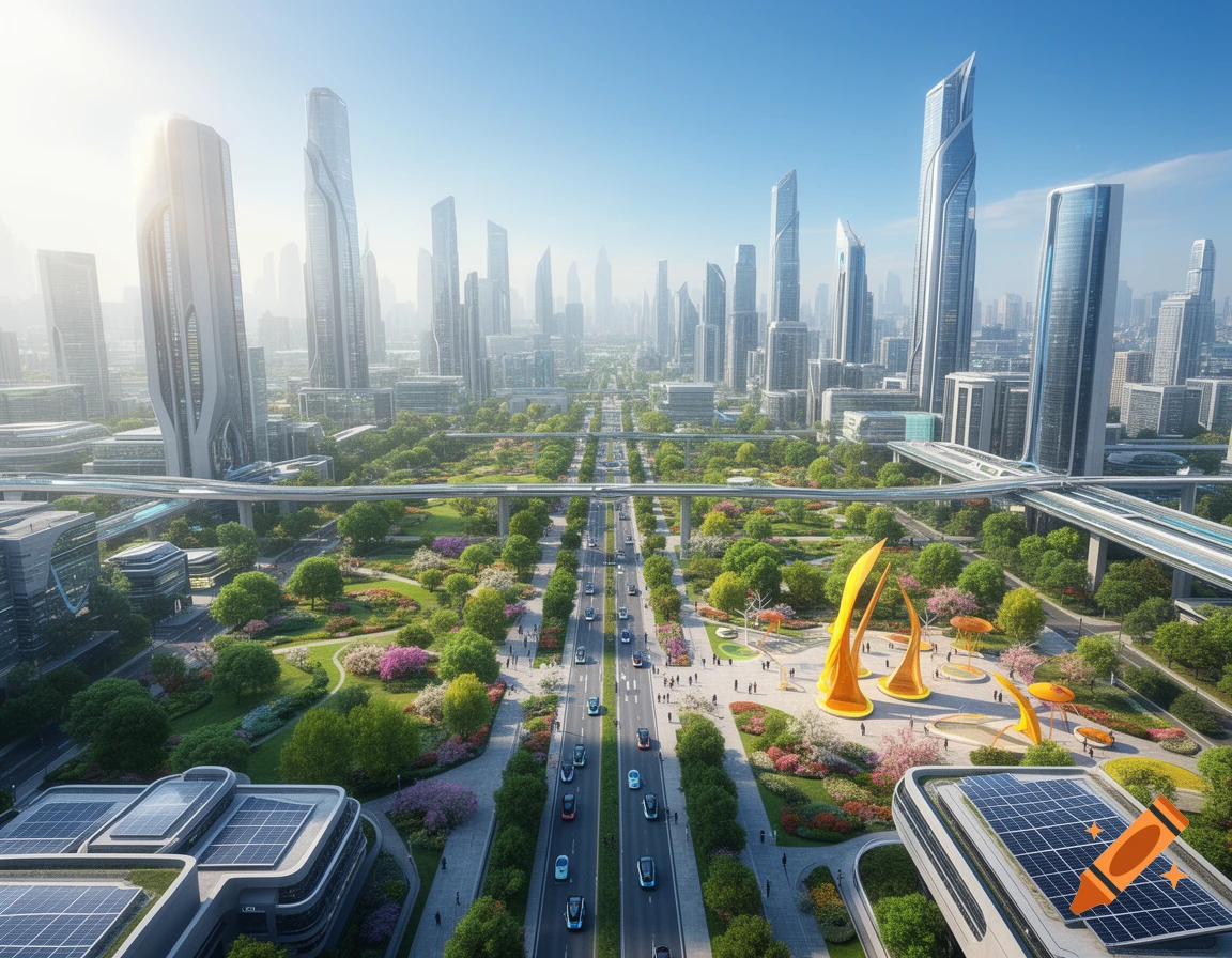 Panoramic view of a utopian futuristic city with sleek skyscrapers, lush green parks, elevated transport lines, and solar-paneled buildings.