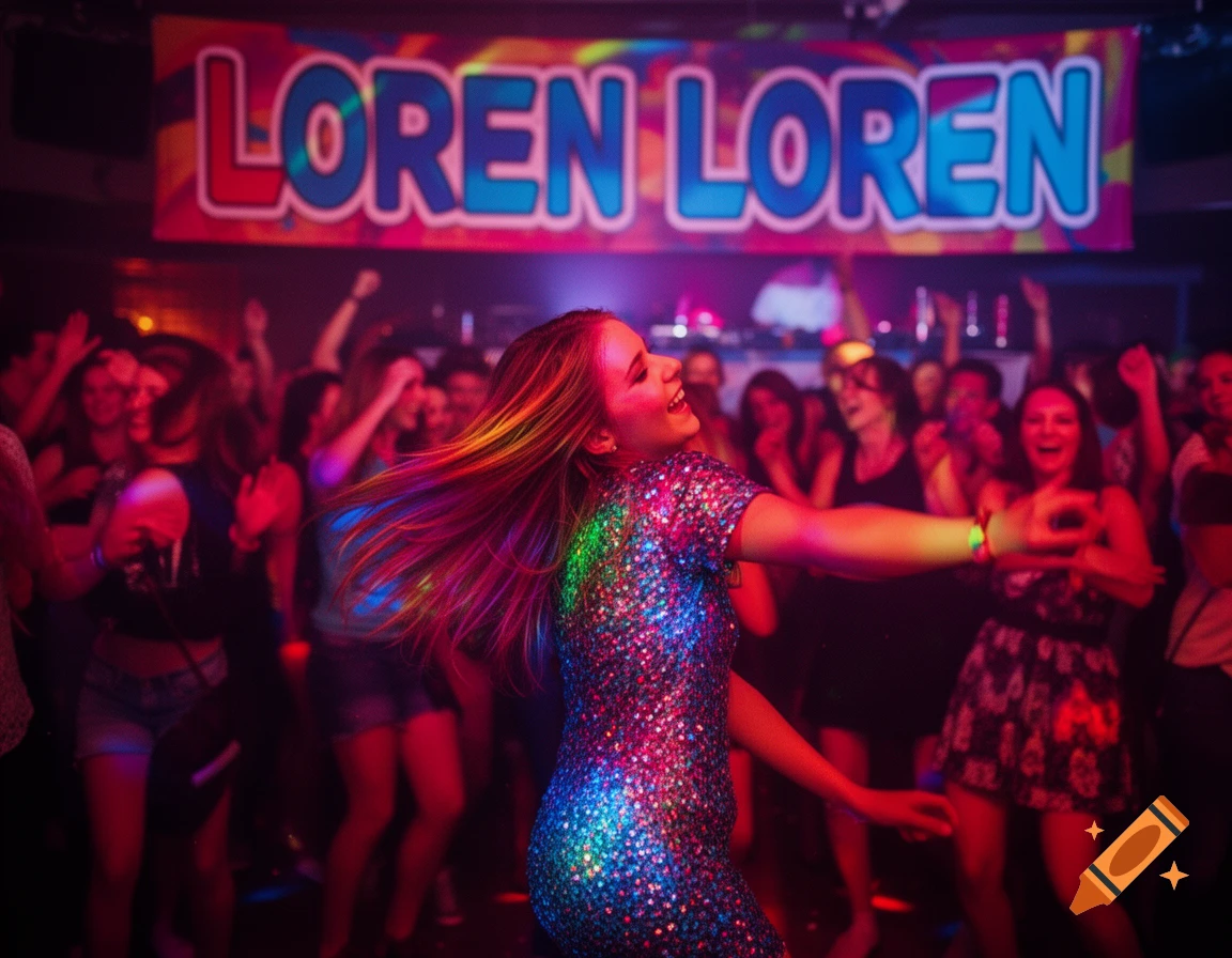 A young woman in a sparkly dress dances happily at a crowded club under a banner reading 'LOREN LOREN'.
