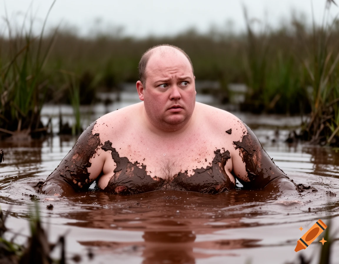 A shirtless, balding man with a worried expression, covered in mud up to his chest, in a murky bog with reeds.