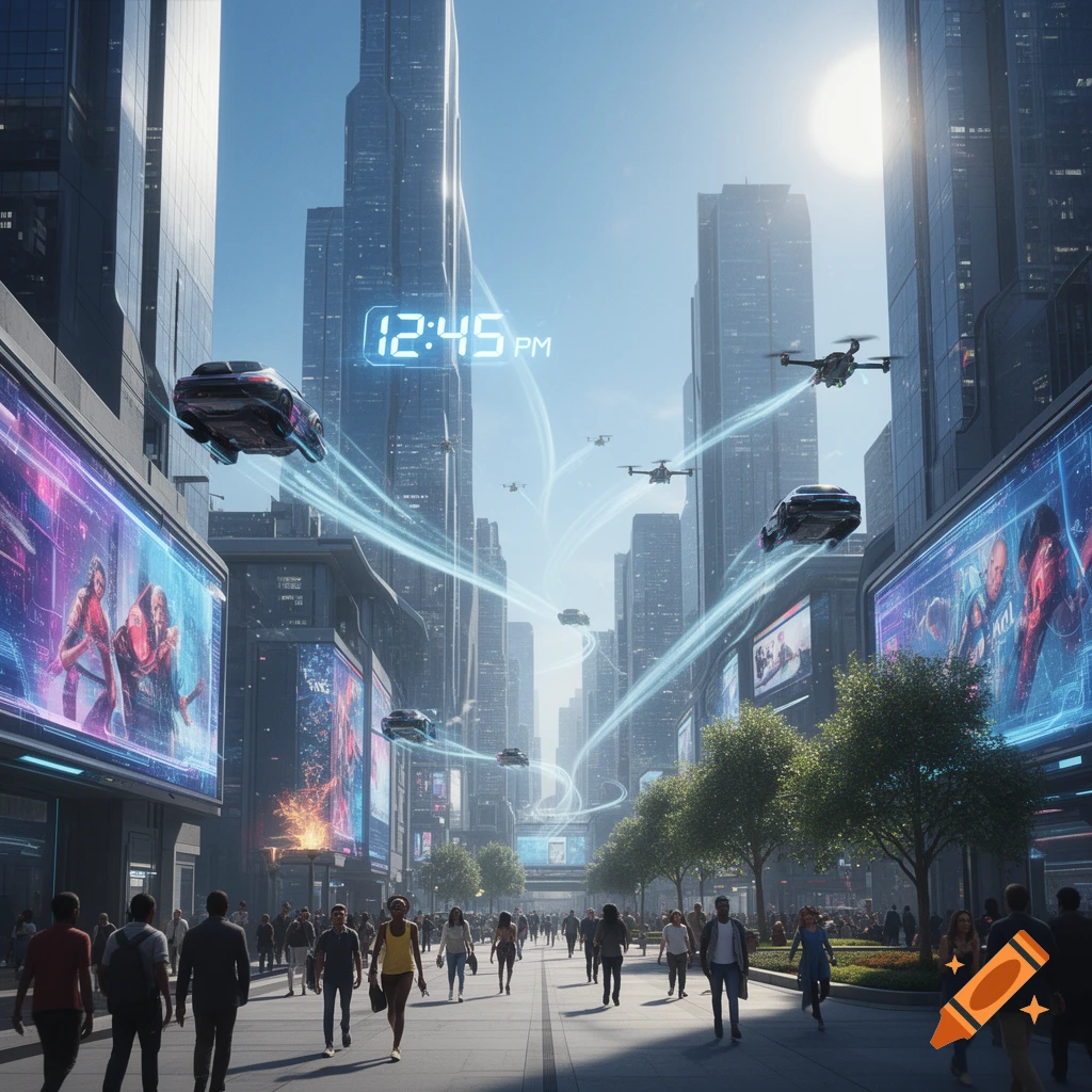 A bustling futuristic city street with pedestrians, towering skyscrapers, flying cars, and drones under a bright sky, displaying '12:45 PM'.