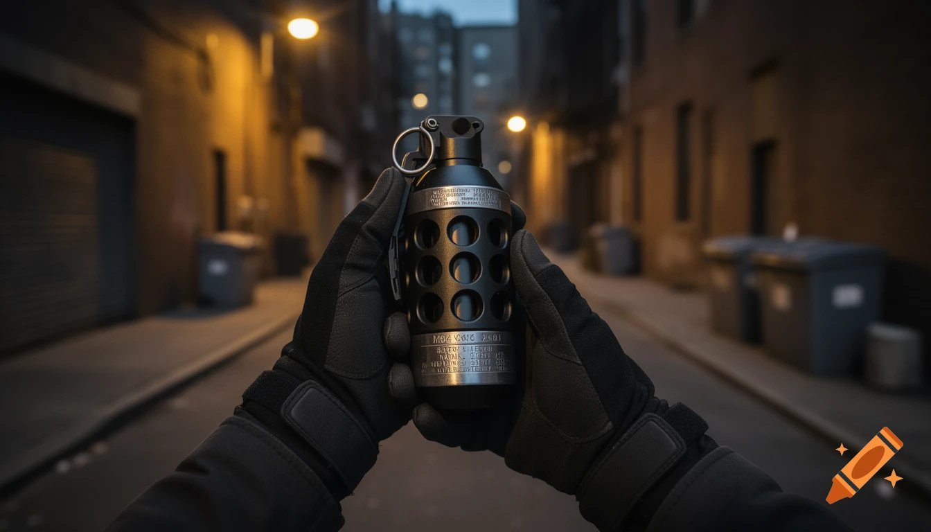 First-person view of gloved hands holding an M84 stun grenade in a dark, lamp-lit urban alley.