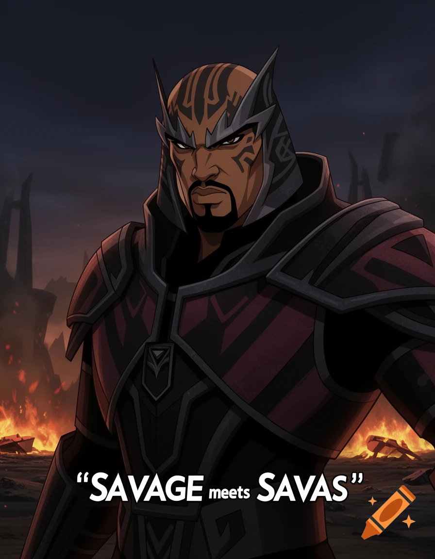 Animated warrior with tribal tattoos and armor, in Star Wars Clone Wars style, against a burning landscape. Text: 'SAVAGE meets SAVAS'.