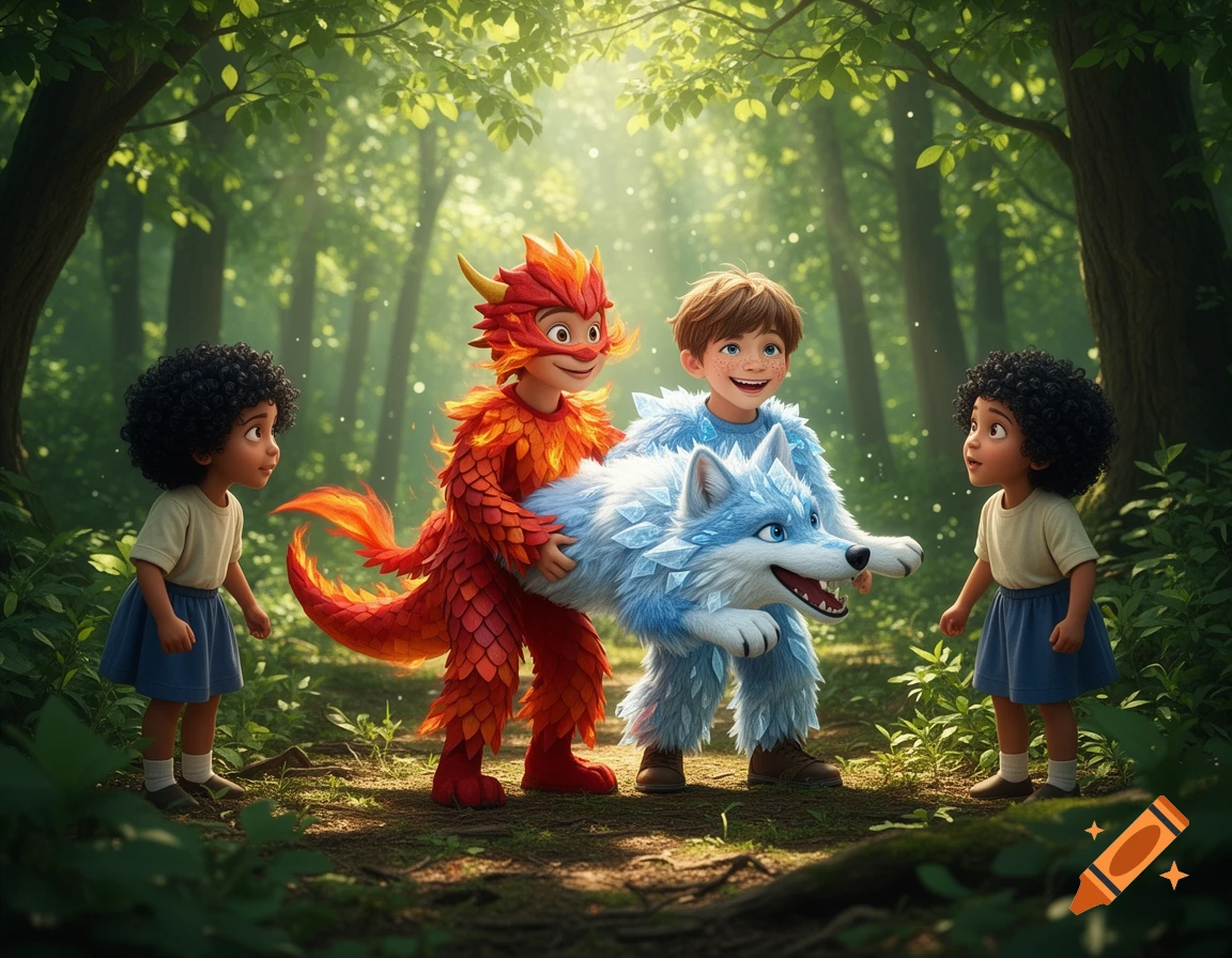 Two boys in a sunny forest, one dressed as a red dragon and the other as a blue ice wolf, play together as two other children watch.