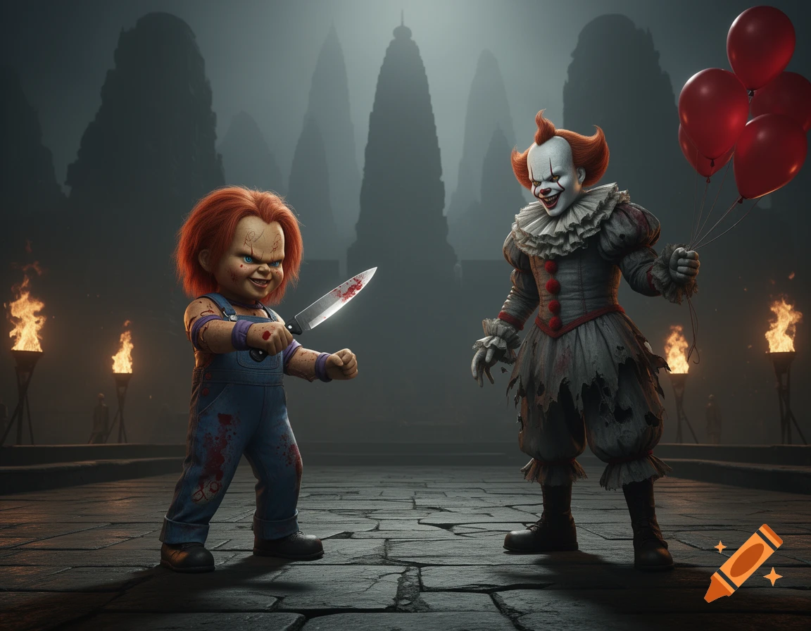 Chucky, with a bloody knife, faces Pennywise, who holds red balloons, in a dark, torchlit ancient ruin.