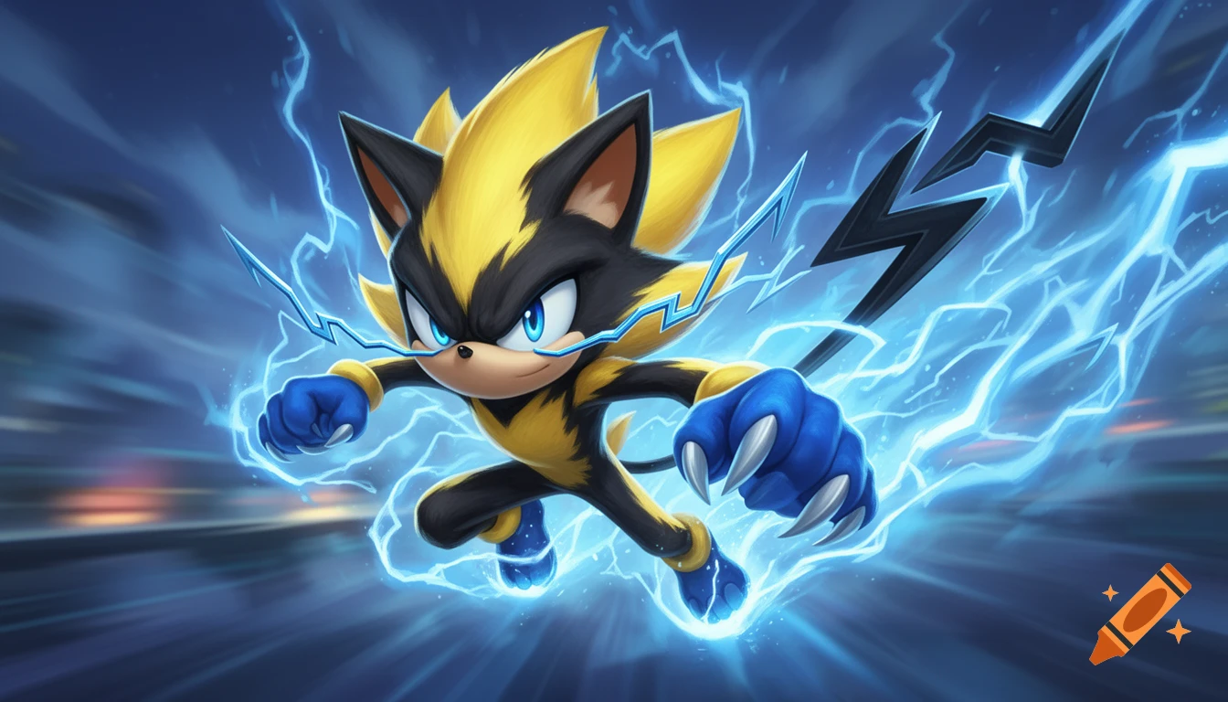 An athletic black and yellow cat-like character with blue eyes and sharp claws, generating blue lightning as it runs at high speed.