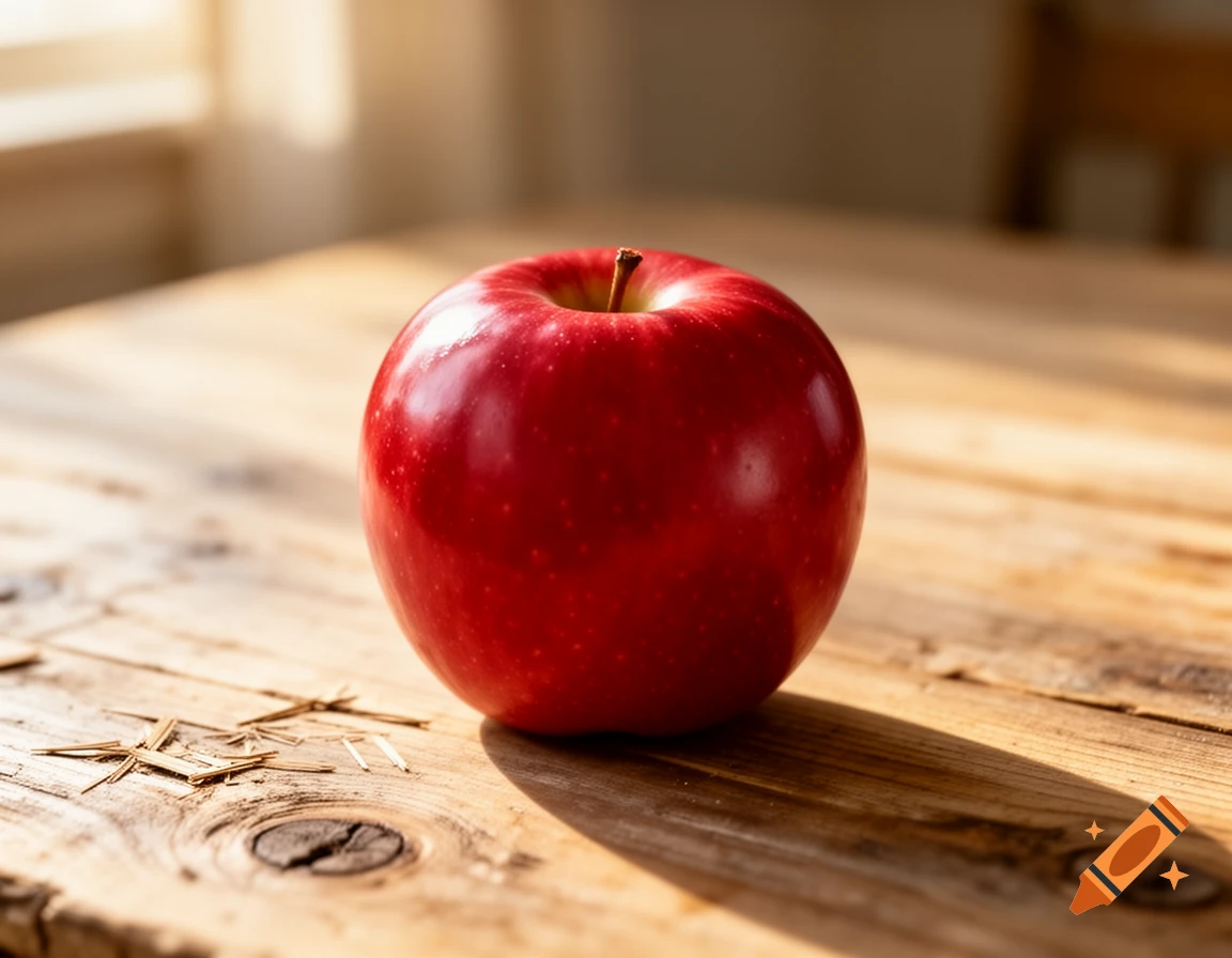A vibrant red apple with a stem, lit by natural light, sitting on a textured wooden table.