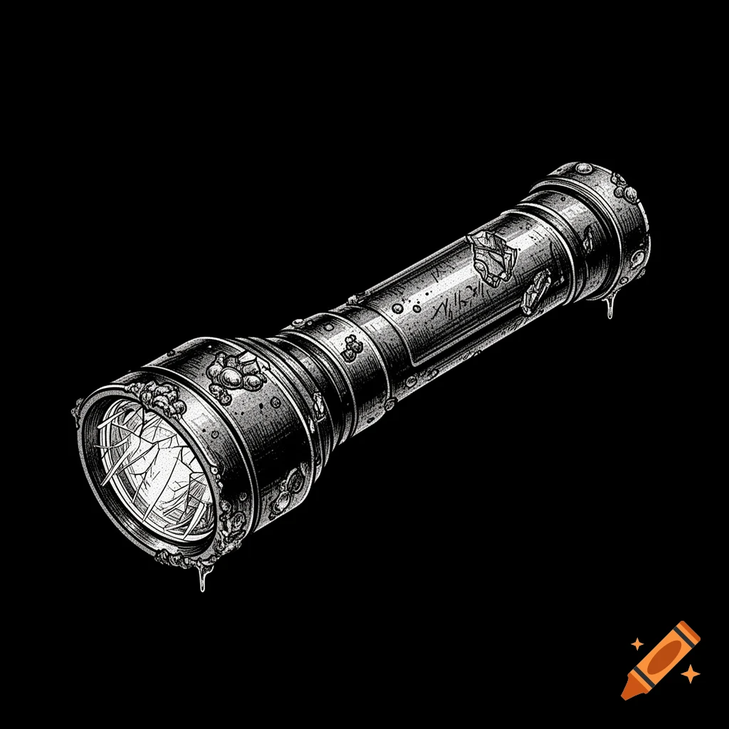 Black ink grunge illustration of an old, battered metal flashlight with a cracked lens on a black background.