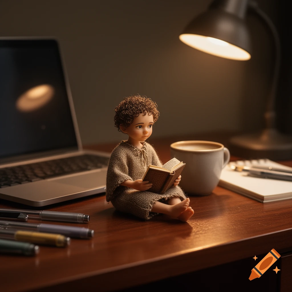 A small, doll-like figure with curly hair sits on a wooden desk, reading a book. A laptop, coffee cup, and lamp are nearby.