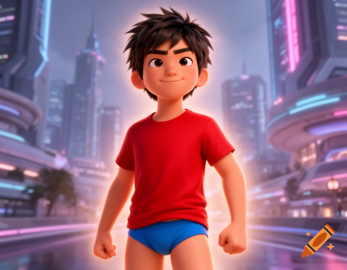 An animated boy resembling Hiro Hamada in a red t-shirt and blue briefs stands in a neon-lit futuristic city.