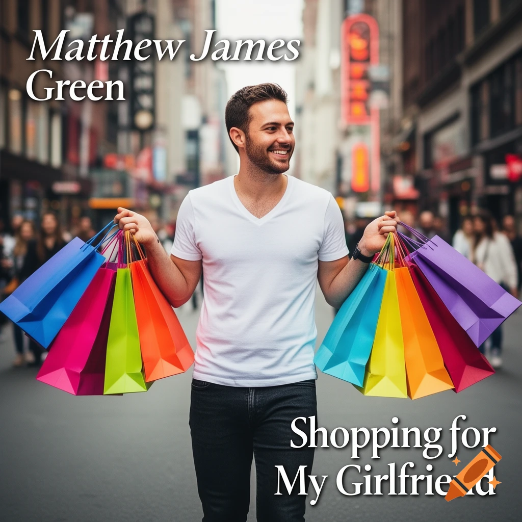 Smiling man in a white t-shirt holds colorful shopping bags on a city street, with text 'Matthew James Green' and 'Shopping for My Girlfriend'.