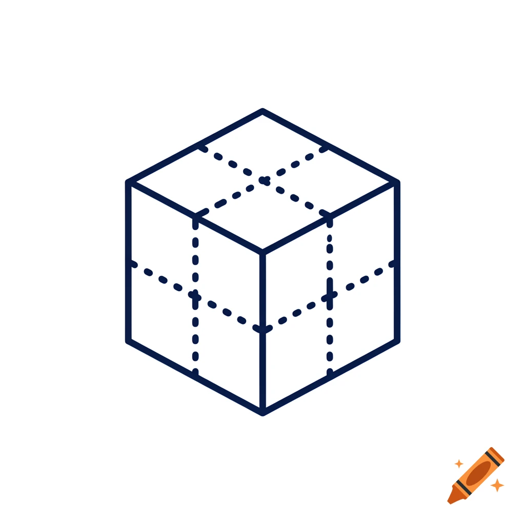 A minimalist navy blue line icon of an isometric 3D cube with dotted internal assembly lines on a white background.