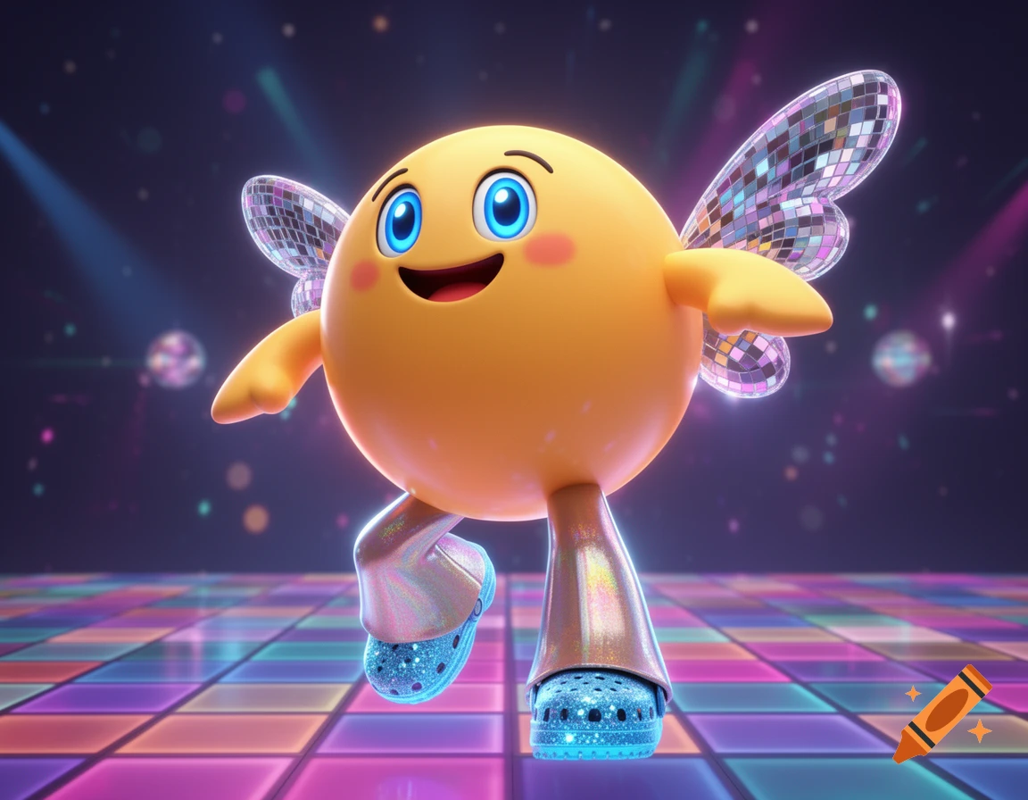 A round yellow cartoon character with disco-ball wings and sparkling blue Crocs dances on a vibrant disco floor, 3D art.