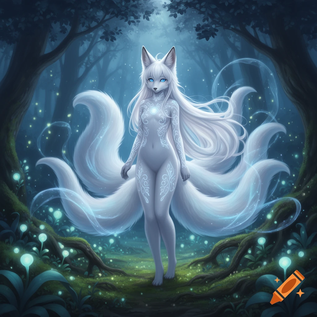 A white-haired, blue-eyed fox girl with glowing markings and multiple tails stands in a mystical forest with glowing plants.