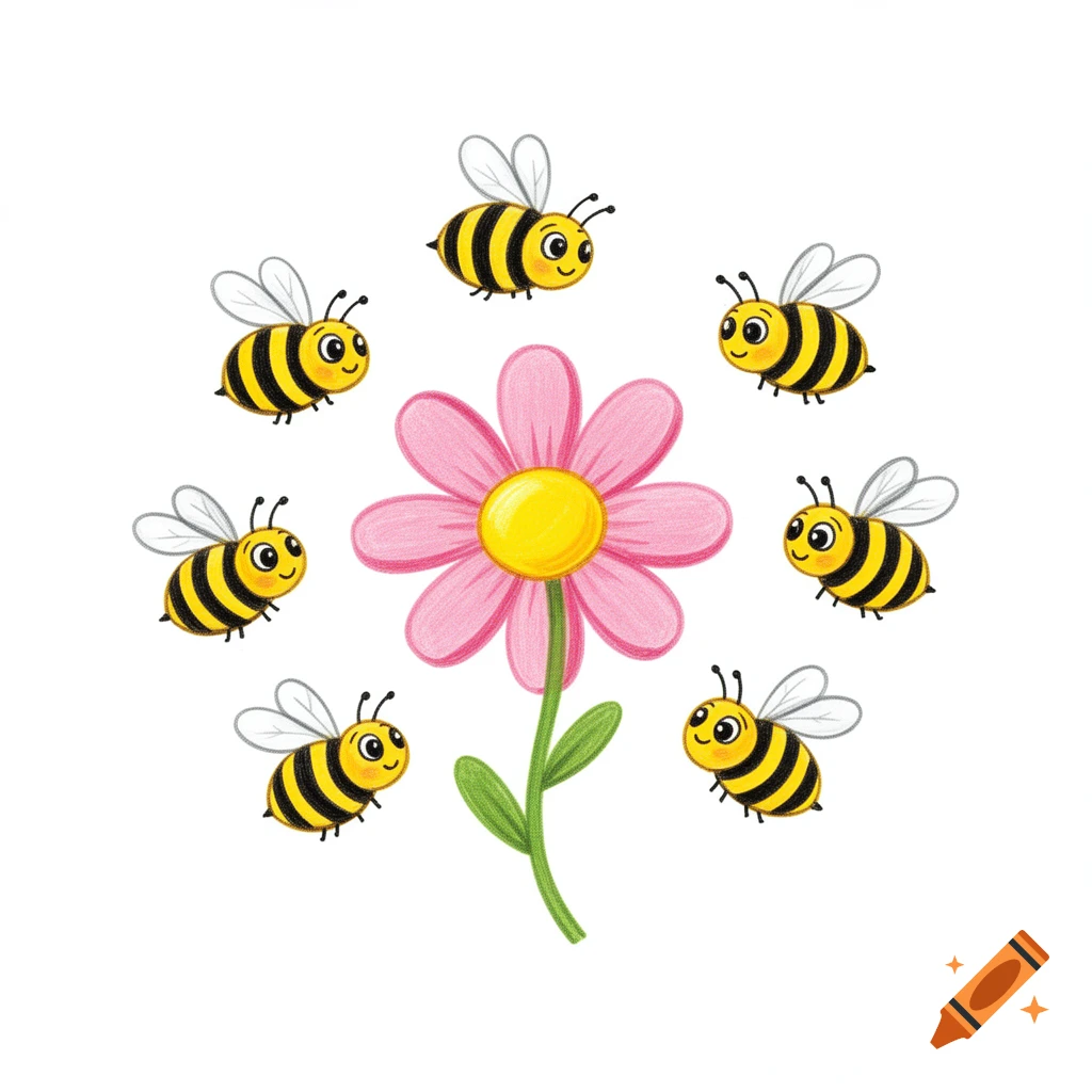 Cute cartoon honey bees fly around a pink flower on a white background.
