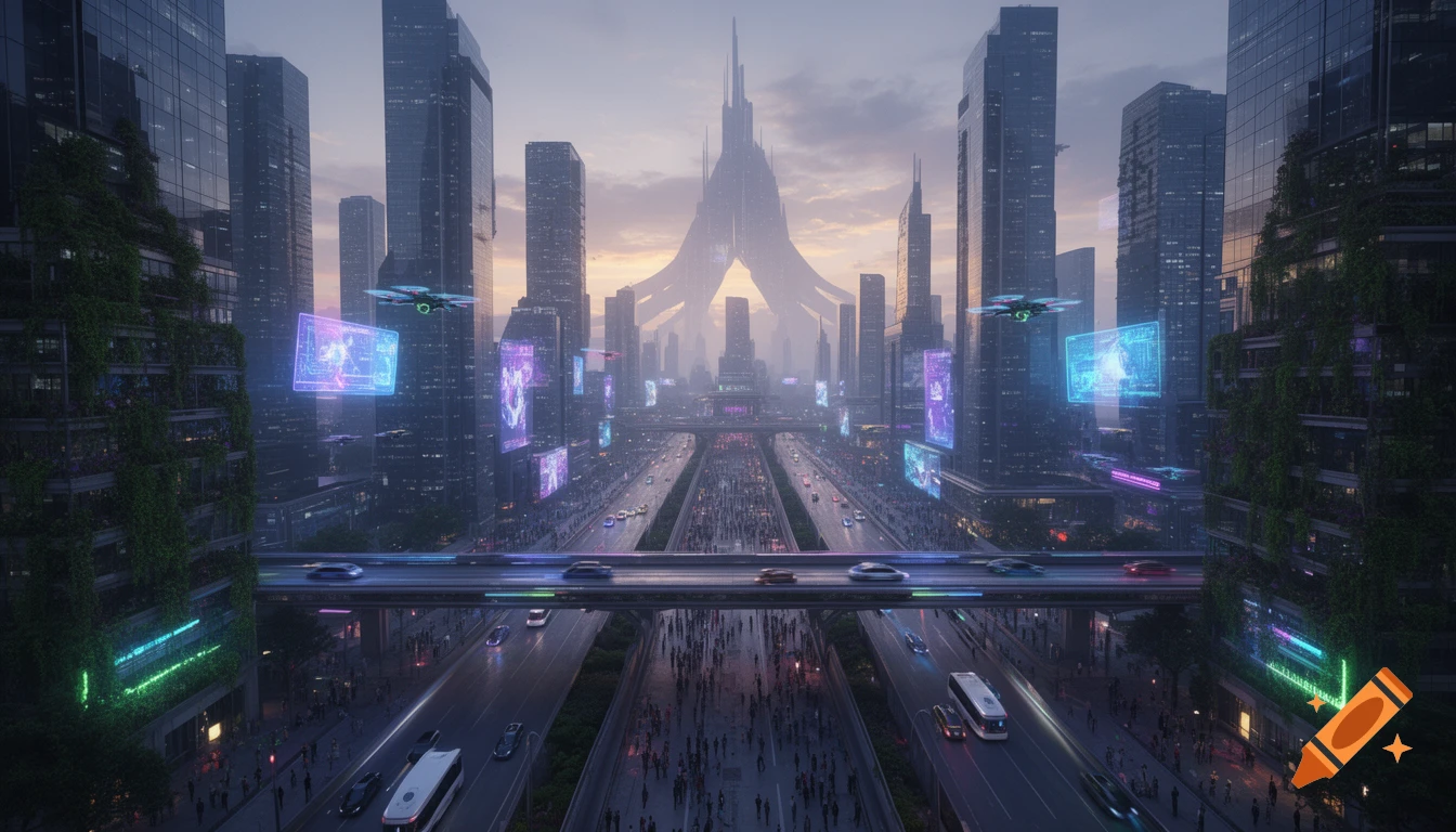 A vibrant futuristic cityscape at dusk, featuring towering skyscrapers, multi-level highways with traffic, flying drones, and glowing holographic displays.