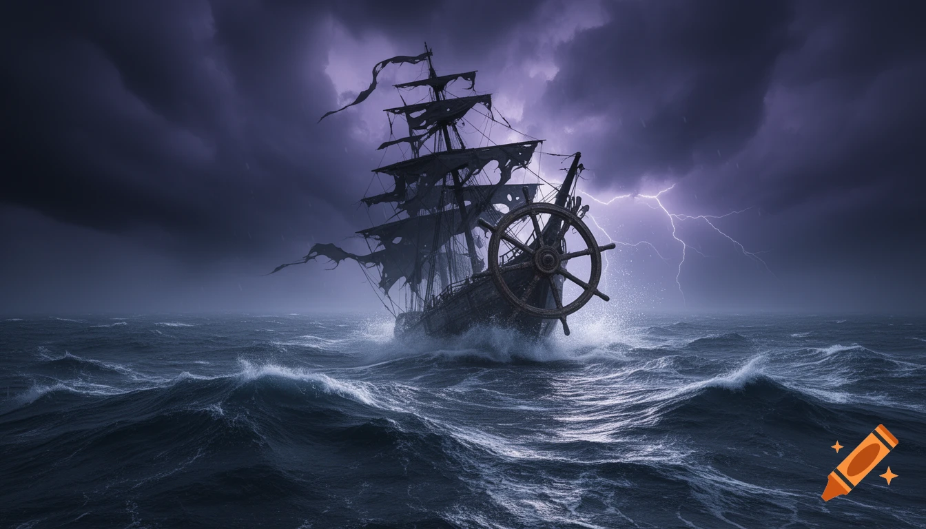 A ghostly, tattered pirate ship with a large steering wheel fights through massive waves during a dark, lightning-filled storm.