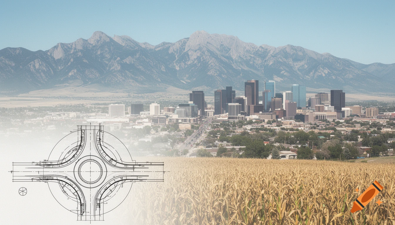 Faded composite image featuring a city skyline and mountains behind a cornfield, with a detailed roundabout blueprint overlaid in the foreground.