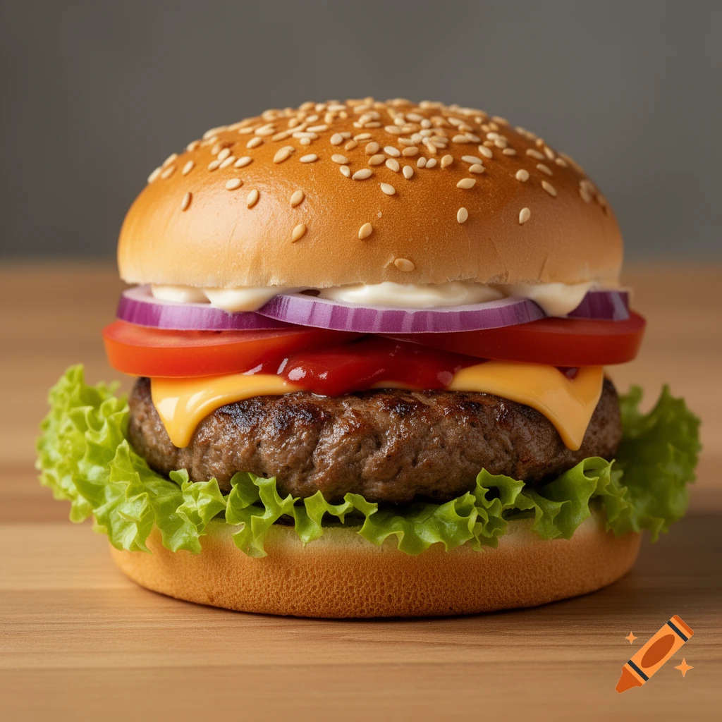 A photorealistic close-up of a hamburger with a sesame seed bun, lettuce, tomato, onion, cheese, ketchup, and mayonnaise on a wooden surface.