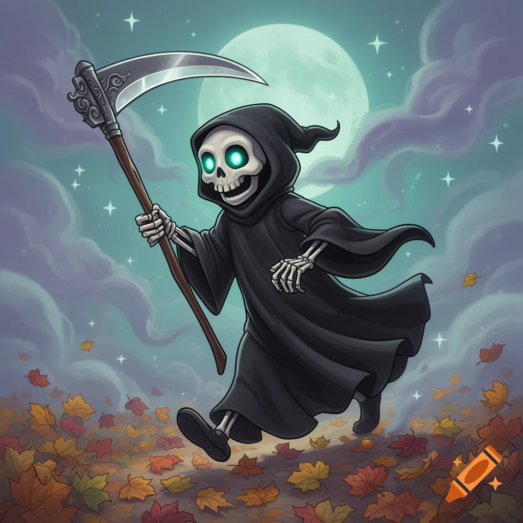 A cartoon grim reaper walks through colorful autumn leaves under a full moon and starry sky, holding a scythe.