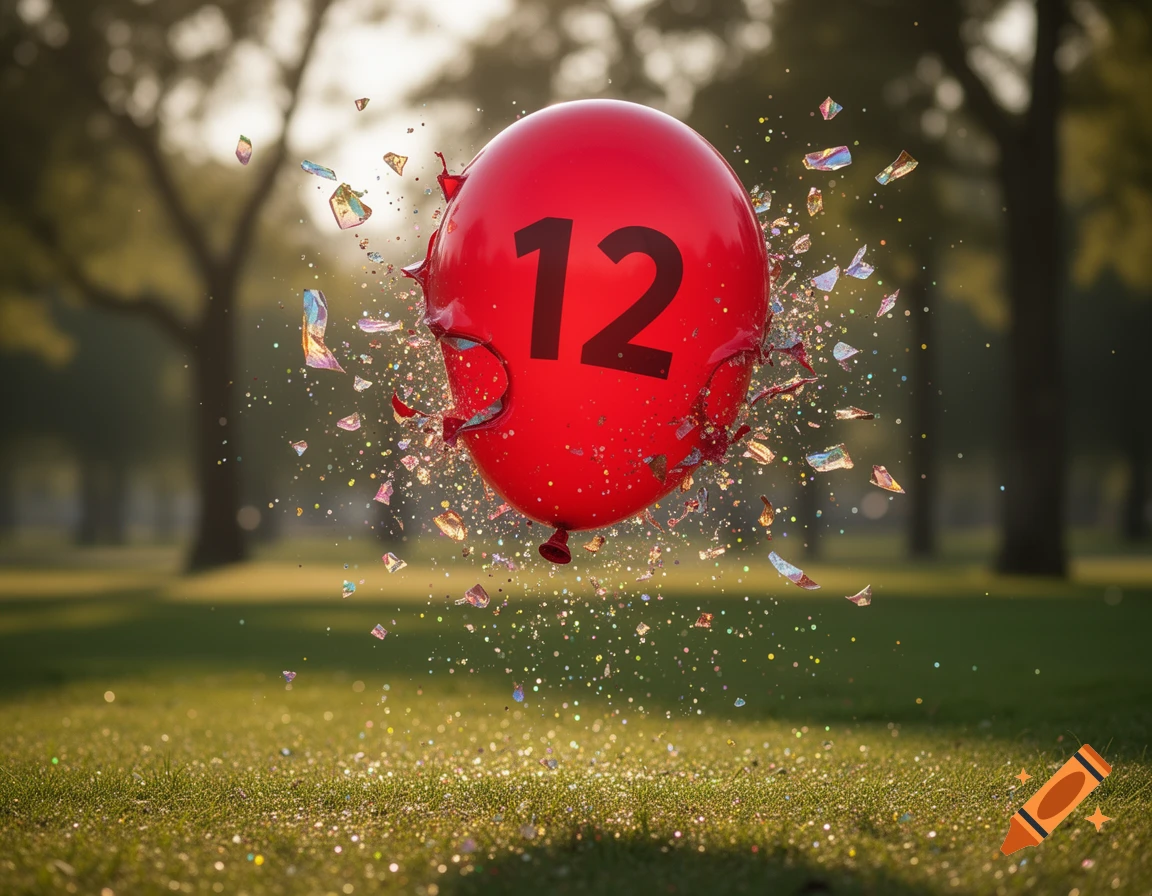A red balloon with the number 12 exploding into glitter and confetti over green grass in a park, photorealistic.