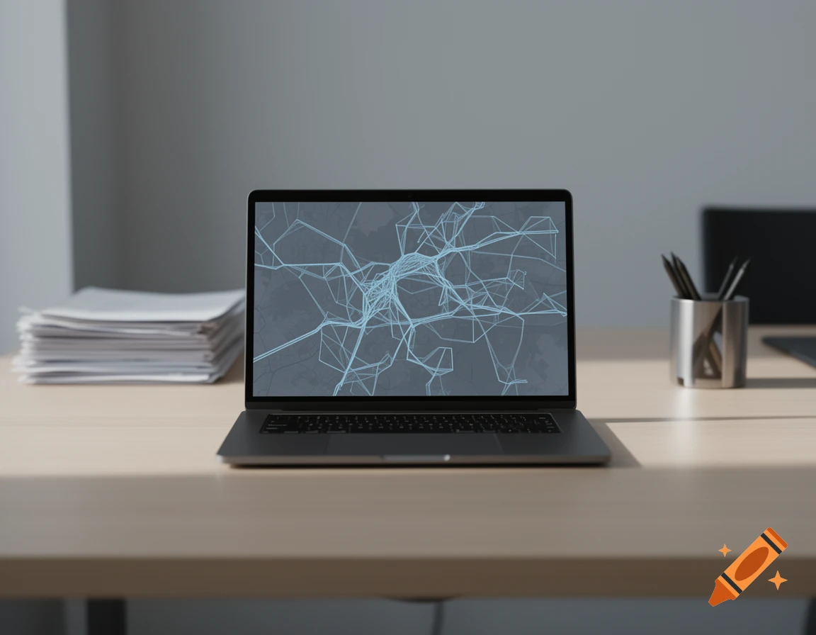 A photorealistic image of a laptop displaying an abstract blue line pattern on its screen, sitting on a light wooden desk in a minimally lit office.