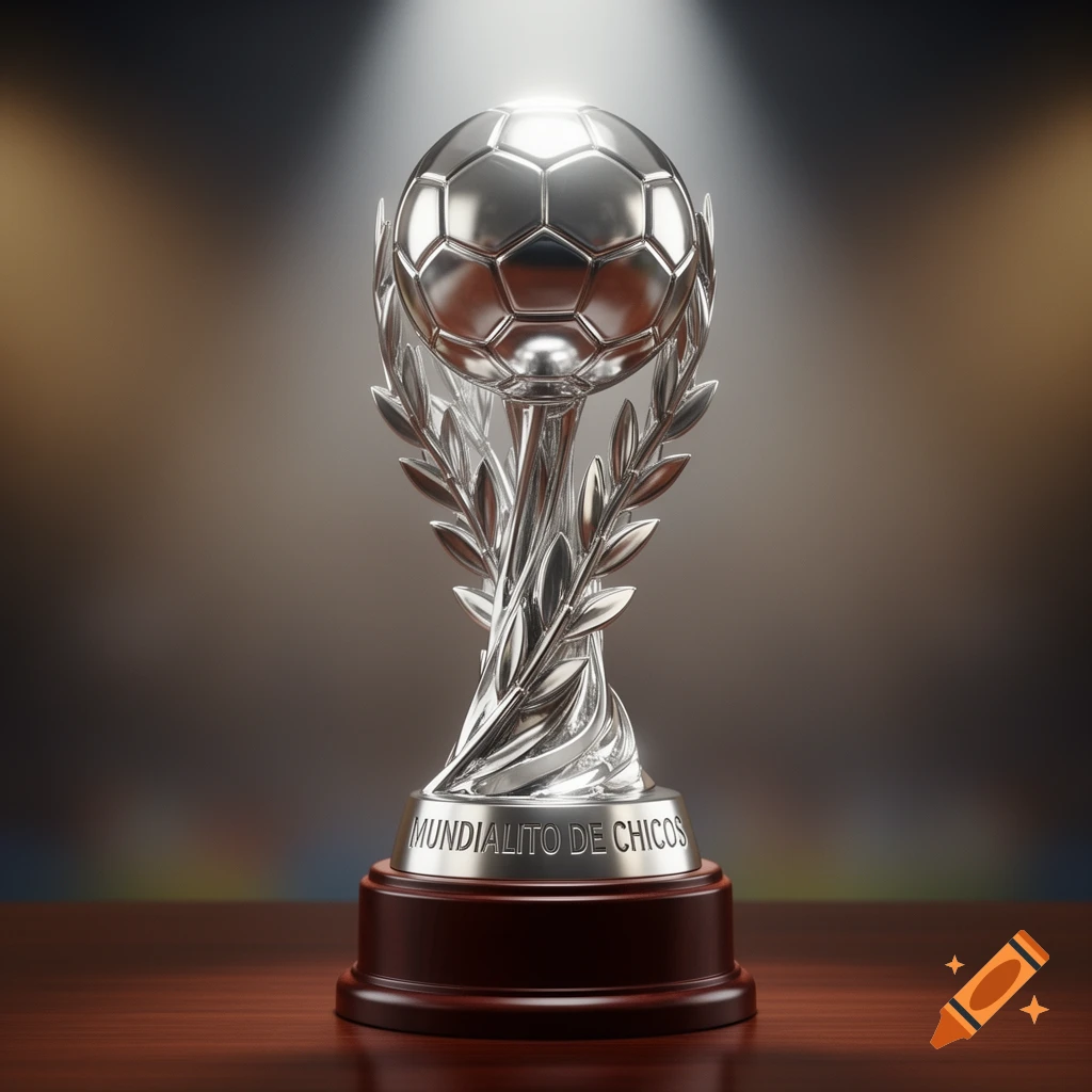 Photorealistic silver soccer trophy with a soccer ball top, on a dark wooden base, under a spotlight. Text reads 'MUNDIALITO DE CHICOS'.