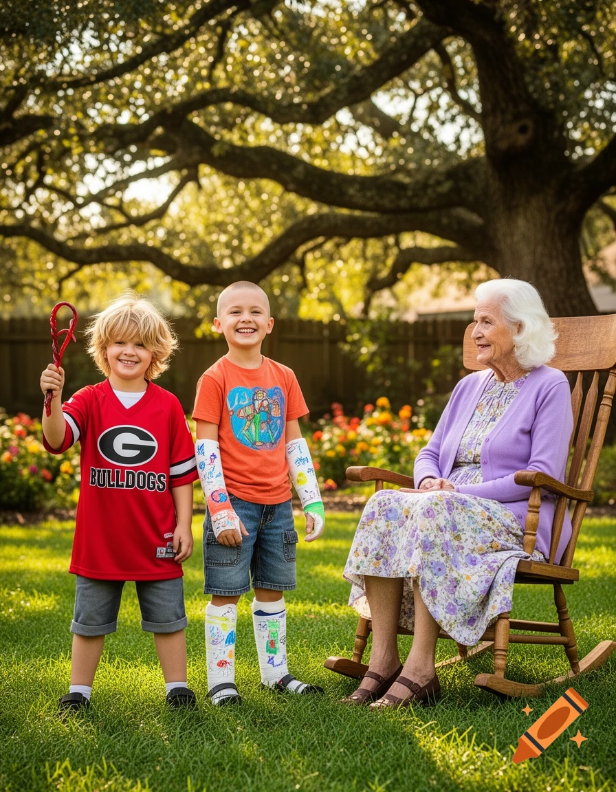 Two smiling boys, one in a Georgia Bulldogs shirt and the other with multiple decorated casts, stand next to an elderly woman sitting in a rocking chair in a sunny garden.