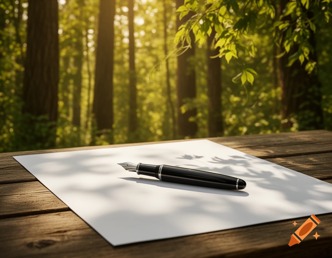 A black fountain pen on a blank white paper on a wooden table, bathed in sunlight in a forest.