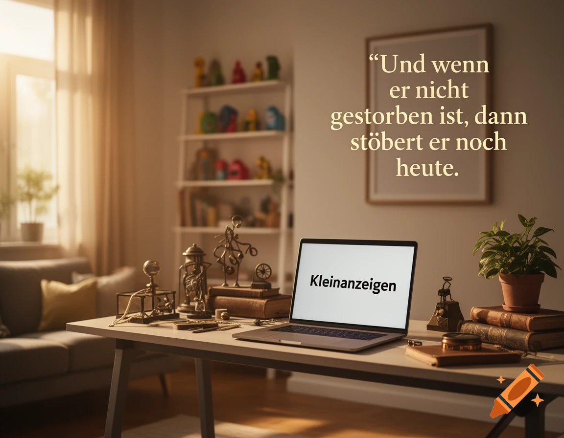 Photorealistic image of a cozy room with a desk, laptop showing 'Kleinanzeigen', and a framed German quote on the wall.