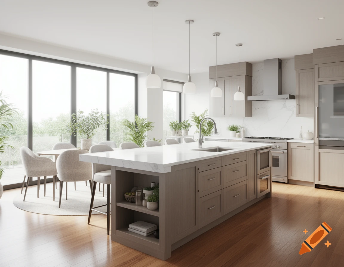 A modern, open-concept kitchen featuring a large island with a sink, light wood cabinetry, and a dining area with big windows.