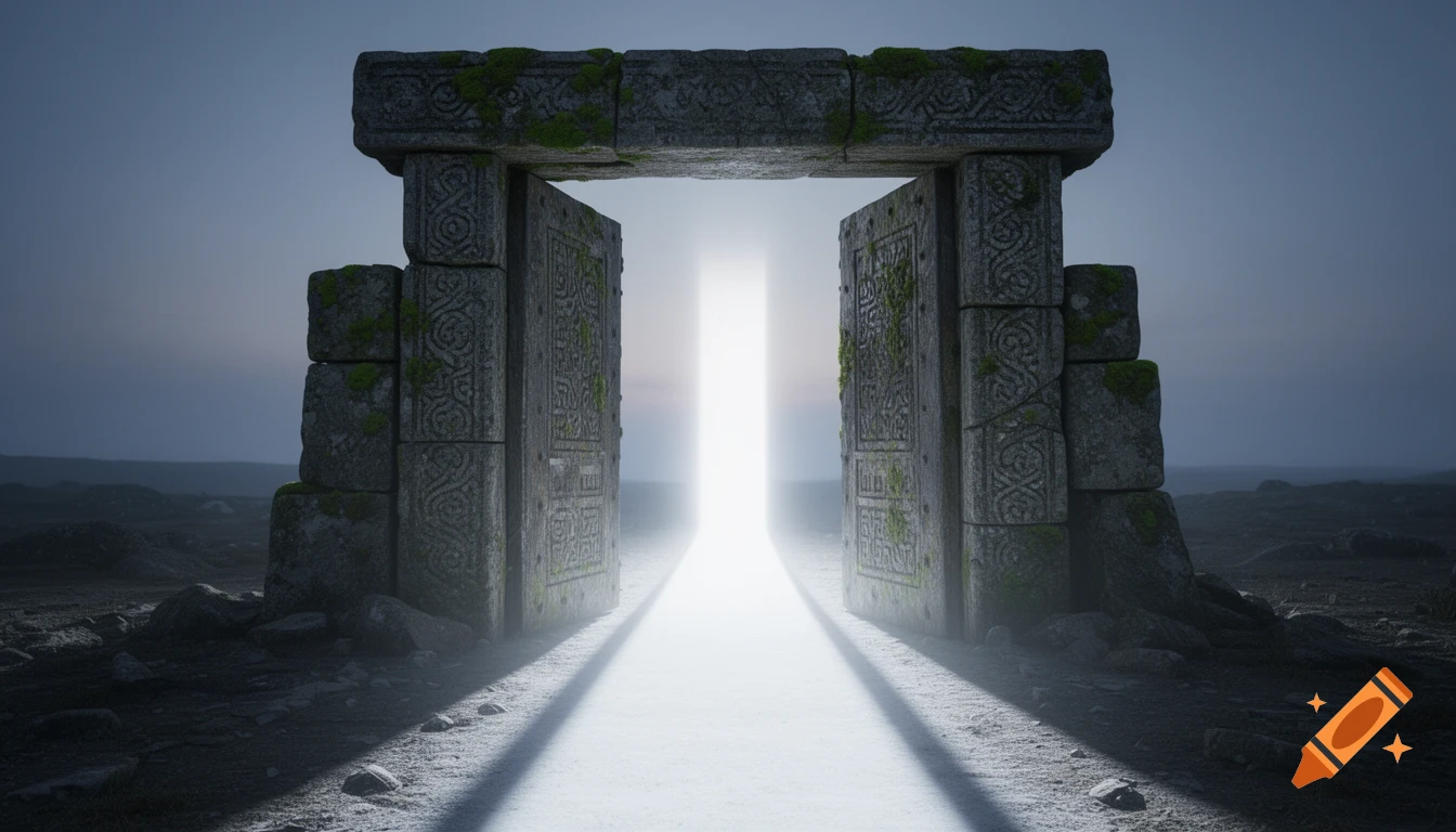 A massive ancient stone gate, covered in moss and carvings, opens onto a path of brilliant white light in a dark, barren landscape.